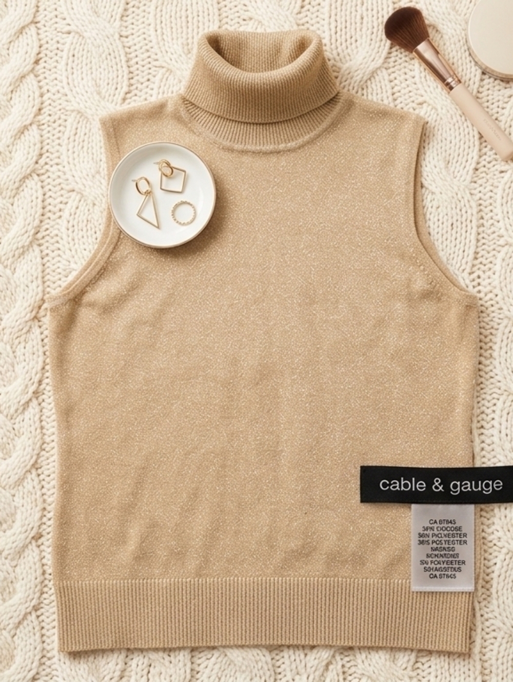 Cable&Gauge Gold Metallic Shimmer Sleeveless Turtleneck Sweater Size S